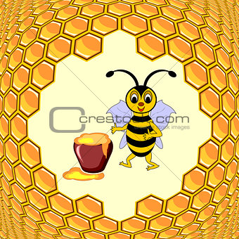 A cute cartoon bee with a honey pot and honeycombs