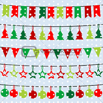 Christmas background with garlands and buntings over a snowflake