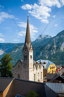 View of Hallstatt Christuskirche church bell tower