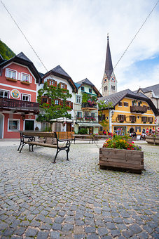 Colorful houses village square in Hallstatt