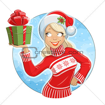 Girl in Santa Claus costume with gift box