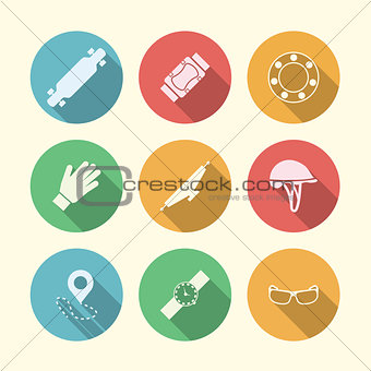 Flat vector colored icons for accessories for longboarders