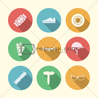 Flat vector colored icons for accessories for longboarders