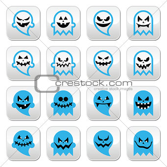 Halloween scary ghost, spirit vector buttons set