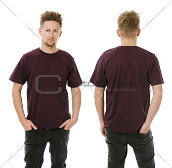 Man posing with blank dark purple shirt