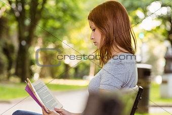 Cute redhead relaxing on bench and reading book