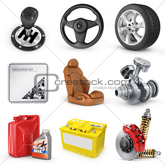 Set of parts of car. 3d render icons.