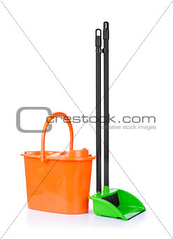 bucket with cleaning mop. Isolated on a white background.