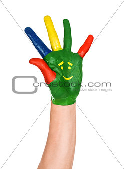 open hand painted green with smiles on isolated white background