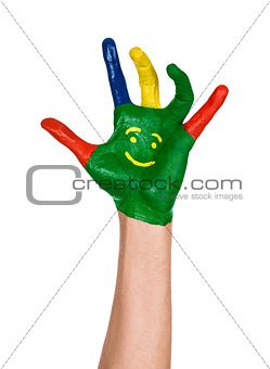 open hand painted green with smiles on isolated white background
