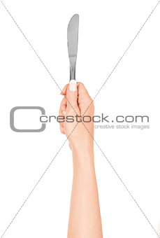hand holding a knife on an isolated white background