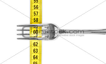 Diet concept, fork and measuring tape isolated