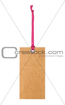cardboard tag with pink ribbon and bow isolated on white backgro
