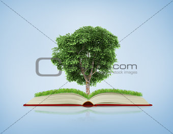 book of nature with grass and tree growth on it over white blue 