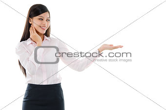 Asian business woman palm holding something