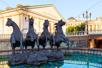 Fountain with horses on Manezh Square in Moscow