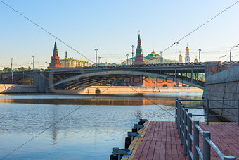 morning cityscape of Moscow, a bridge across the river