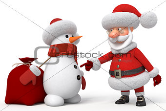 3d Santa Claus with a snowman