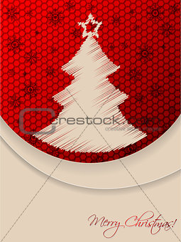 Red christmas greeting card with scribbled tree and hexagon back