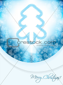 Blue christmas greeting card with scribbled tree and bubble back
