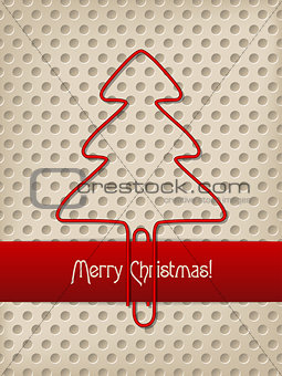 Christmas greeting with red ribbon and tree shaped paper clip