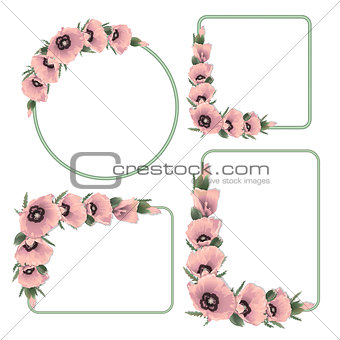 Set of floral frame with pink poppies.
