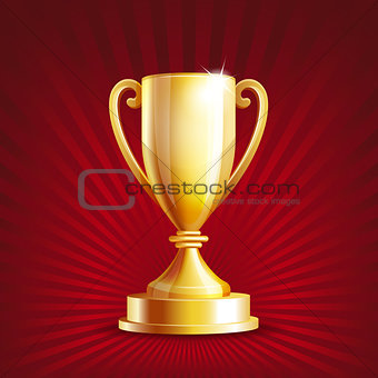 Golden trophy cup on red background.