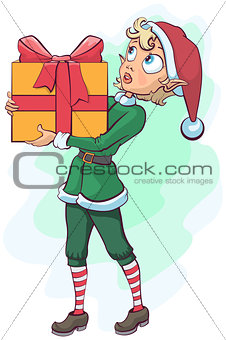 Christmas elf delivers a box with a gift
