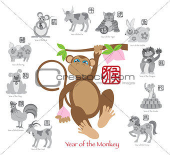 Chinese New Year Monkey Color with Twelve Zodiacs Illustration