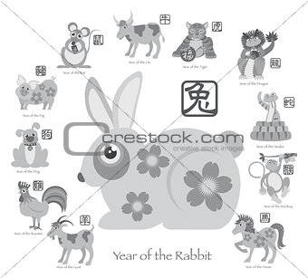 Chinese New Year Rabbit with Twelve Zodiacs Illustration