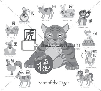 Chinese New Year Tiger with Twelve Zodiacs Illustration