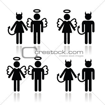 Couples devil and angel man and woman icons set