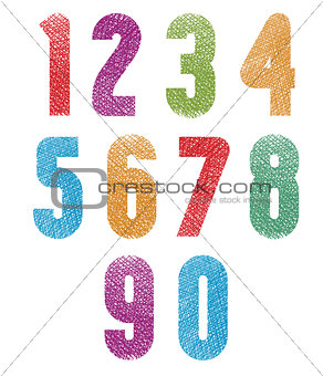 Retro style geometric bold rounded numbers set with hand drawn l