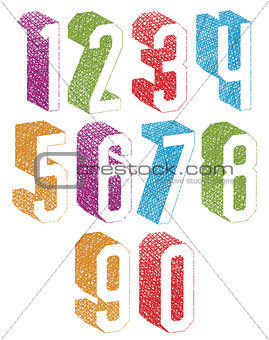 Retro style 3d geometric numbers set with hand drawn lines textu