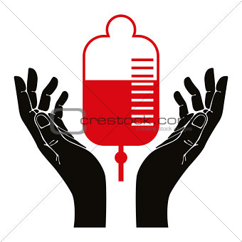 Hand with blood donation vector symbol.