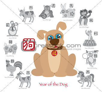 Chinese New Year Dog Color with Twelve Zodiacs Illustration