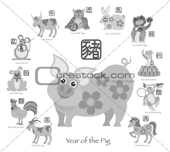 Chinese New Year Pig with Twelve Zodiacs Illustration