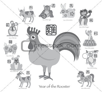 Chinese New Year Rooster with Twelve Zodiacs Illustration