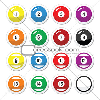 Pool ball, billiard or snooker ball icons set