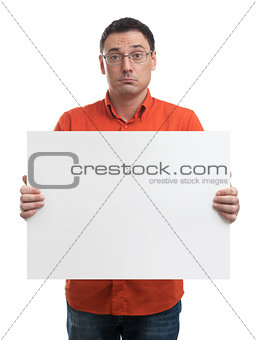 Man showing blank white billboard sign