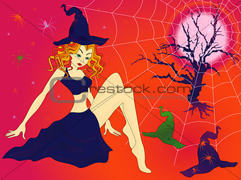 Halloween girl in sinister moonlight night