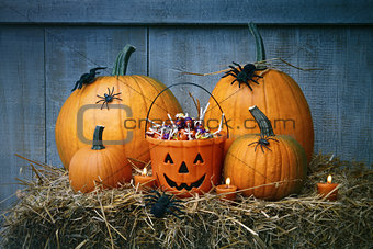 Pumpkins, spiders and Halloween candy