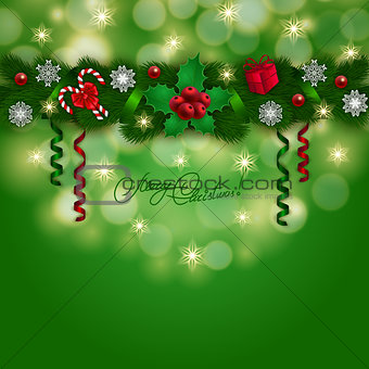 New Year's background - a garland of fir branches, balls, berries
