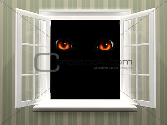 Eyes of monster  in open window