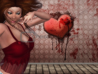 3d woman and heart on the wall