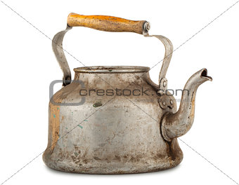 Old aluminum kettle with wooden handle