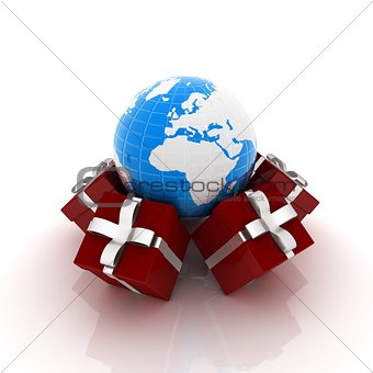 Traditional Christmas gifts and earth. Global holiday concept 