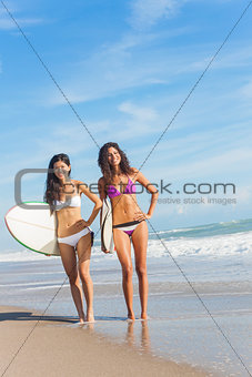 Beautiful Bikini Women Surfers & Surfboards At Beach