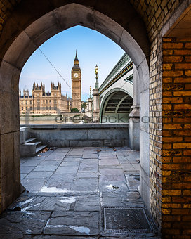 Big Ben, Queen Elizabeth Tower and Westminster Bridge framed in 