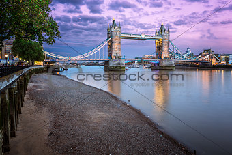 Thames Embankment and Tower Bridge at Sunset, London, United Kin
